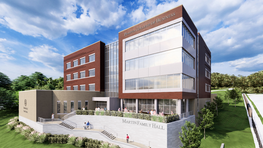 This rendering shows Martin Family Hall as seen looking up Ruden Street from Campbell Avenue.