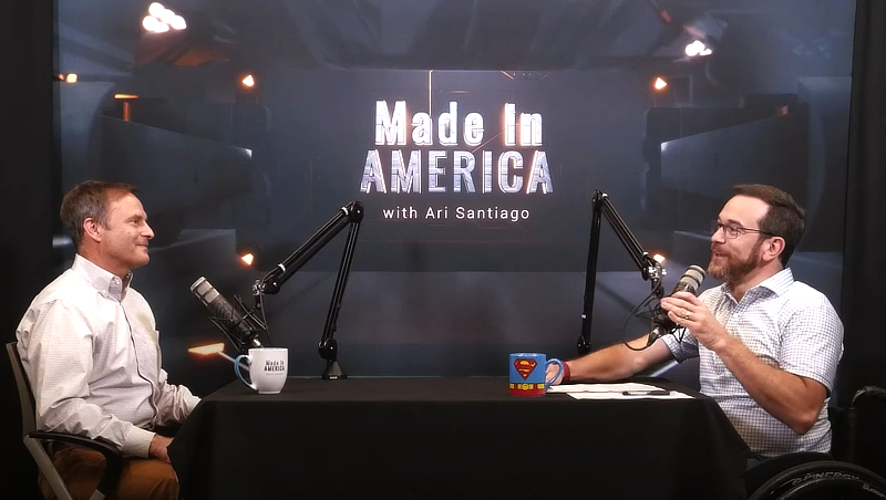 Michael Ambrose ’84, ’19 Hon. (left), appeared on a recent episode of the podcast Made in America with Ari Santiago. (credit: Made in America with Ari Santiago).