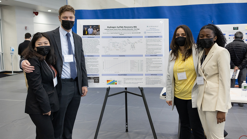 (Left to right) Trinh Ngo ’22, Andrew Forese ’23, Karen Peter ’22, and Malaika Matumbu ’22 developed an economical process to remove hydrogen sulfide from saltwater brine.