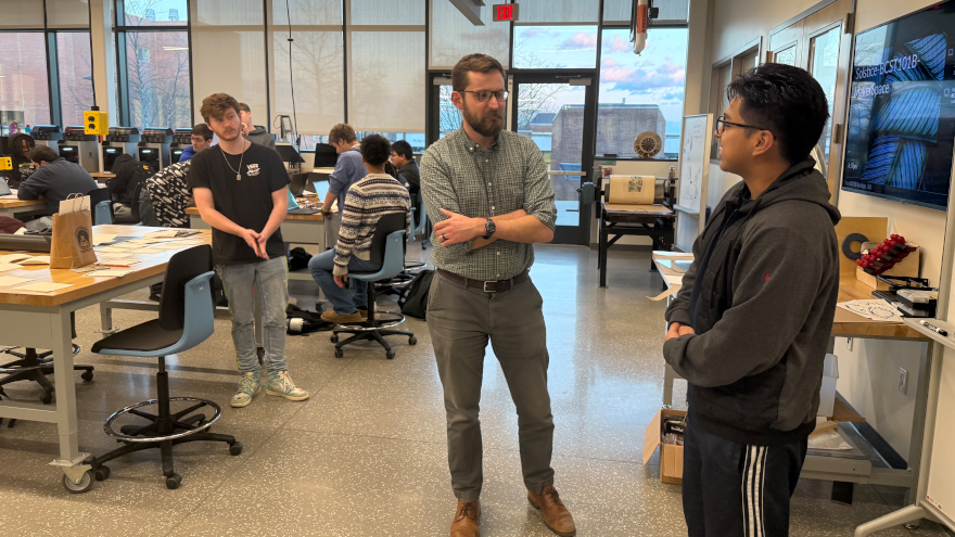 Christopher Hernandez ’28 in the University of New Haven's Schaub Makerspace.