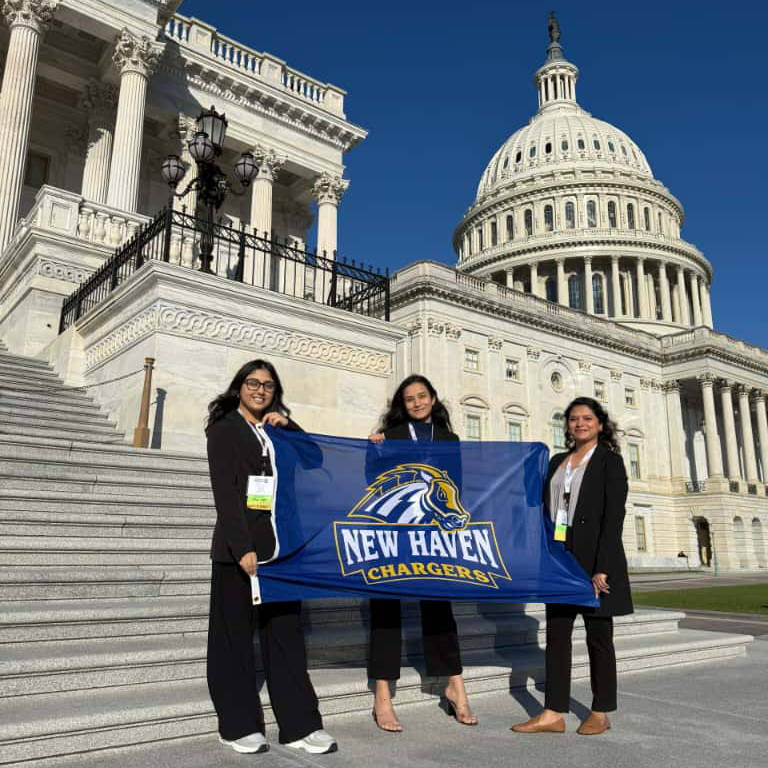 Charmi Desai ’26 MPH, Fouzia Noor ’26 MPH, and Reyusha Chalise ’26 MPH at the SOPHE Advocacy Summit in Washington, D.C.