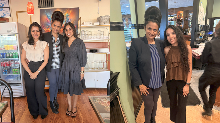 From left: Vandana Maurya ’25 MHA; Pavani Rangachari, Ph.D., CPH; Sai Naimitha Balireddy Gari ’26 MHA (left photo). Pavani Rangachari, Ph.D., CPH; Alisha Thapa ’24 MPH (right photo)