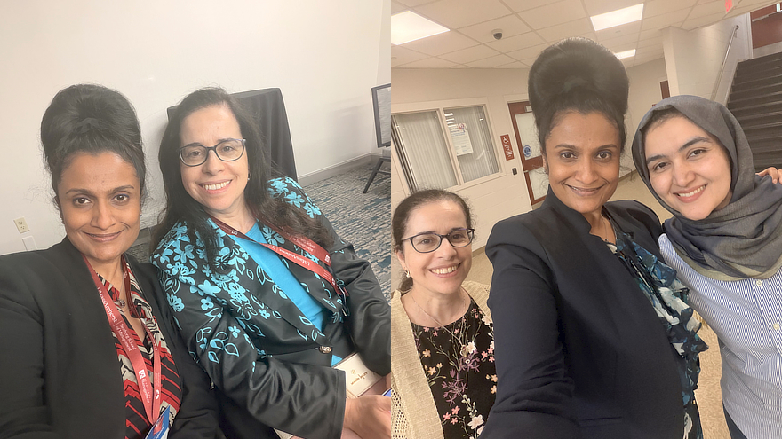  Pavani Rangachari, Ph.D., CPH with Khadija Al Arkoubi, Ph.D. (left photo), and from left, with Khadija Al Arkoubi, Ph.D. and Hossna Samadi (right photo).