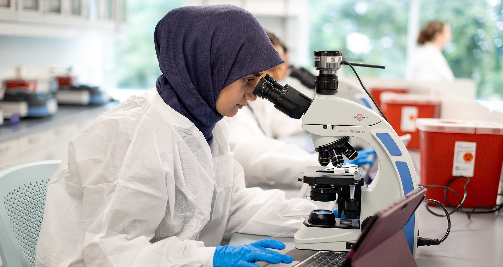 A student looks through a microscope in a laboratory setting.