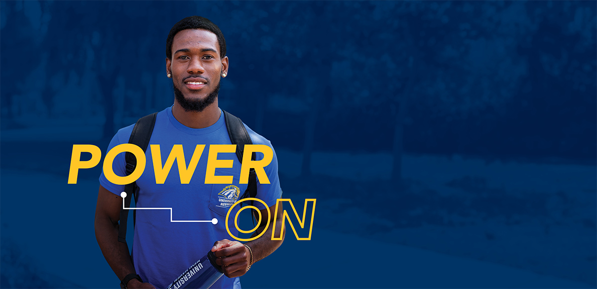 Power On graphic over a smiling student on a dark blue background.