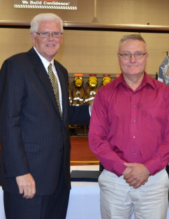 Photo shows Dennis Onieal superintendent of the National Fire Academy (left) and Peter Struble, UNH lecturer.