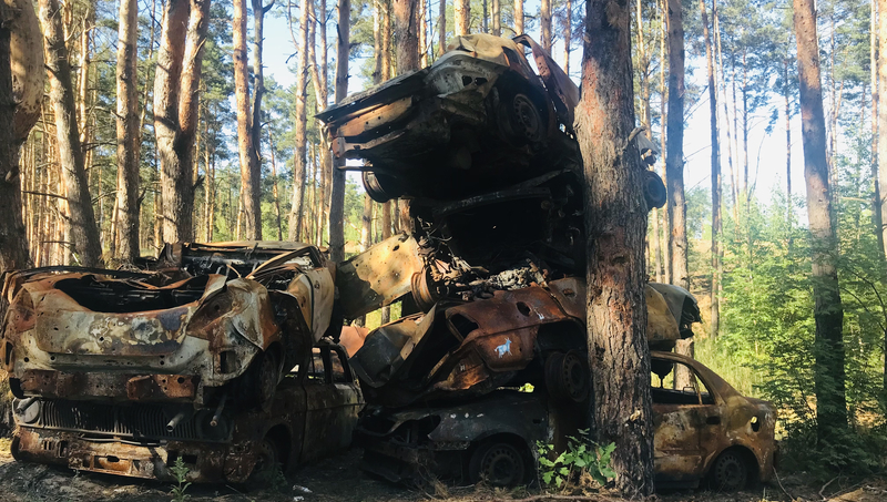 Burned car graveyard in Hostomel, Kyiv region.