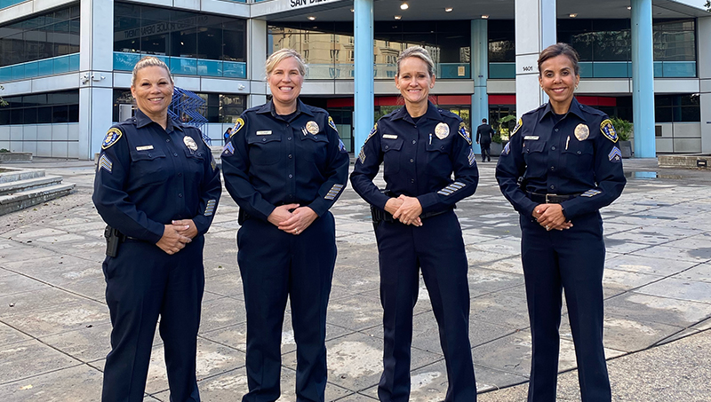 Lori Adams ’24 M.S. (second from left) with her fellow San Diego police officers. 