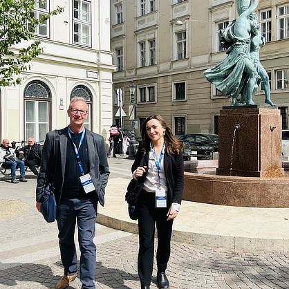 Olena Lennon serving as an OSCE election observer in Budapest on election day, with a British counterpart, Adrian Green.