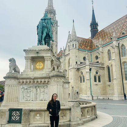 Olena Lennon at the Coronation Church of Buda, in Holy Trinity Square, Budapest.