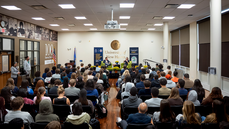 President Jens Frederiksen and Carolyn Tisch Blodgett during a Sports Leadership Exchange conversation