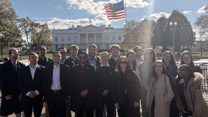Eren Sarikaya ’26 seen here with his Power and Politics course classmates on a trip to Washington, D.C.