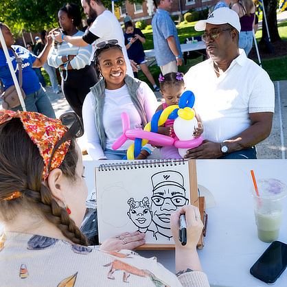 Family posing for caricature drawing