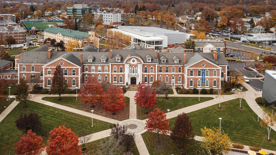 Maxcy Hall and Maxcy Quad, as seen from the air in fall.