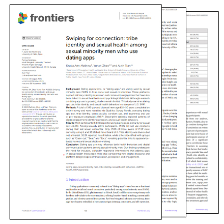 Image of 3 pages of the journal article, Swiping for Connection: Tribe Identity and Sexual Health Among Sexual Minority Men Who Use Dating Apps