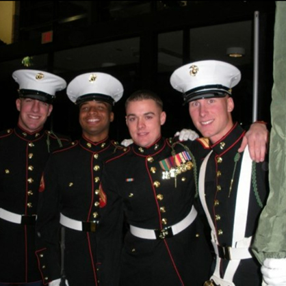 Ryan Noonan ’20, ’23 M.S. (right) at aMarine Corps Ball as Regimental Color guard in 2008.