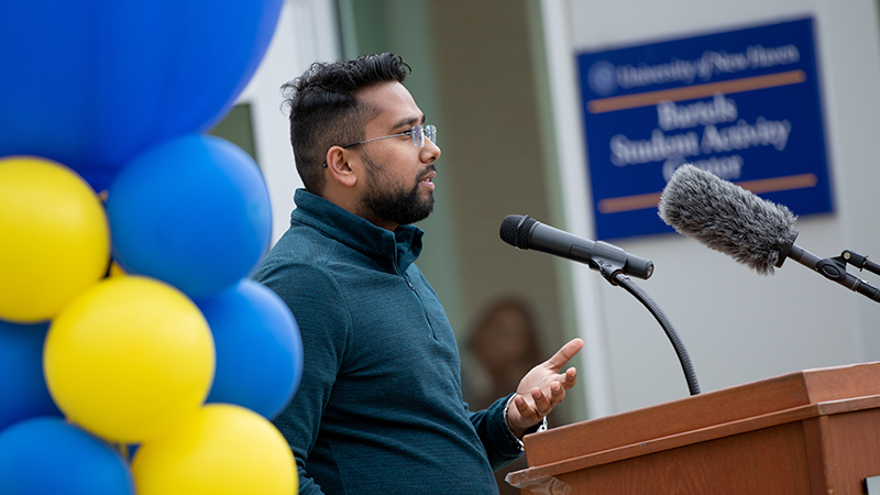 Prateek Mansingh ’23 MHA speaking at the Founders/Giving Day kickoff event. 