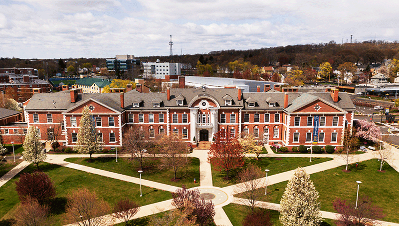 An aerial view of Maxcy Hall at the University of New Haven.
