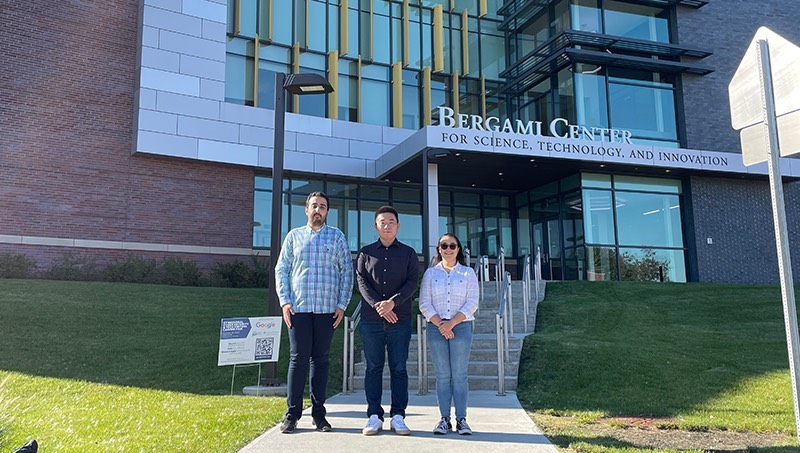 Image of Hao Sun, Ph.D., with his students Farbod Shirinchi ’23 M.S. and Mia Rodriguez ’24.