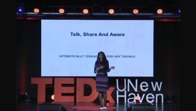 Dhaani Dhaani ’23 MPH speaks at the University’s TEDxUNewHaven.