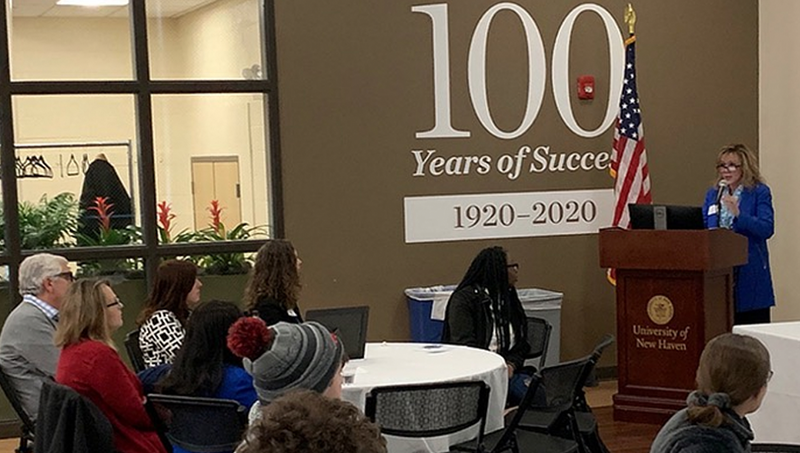 Josephine Moran ’01 M.S., ’19 EMBA speaks at a Women’s Leadership Council event at the University in early 2020.