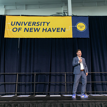 President Jens Frederiksen, Ph.D., greets the University’s incoming students